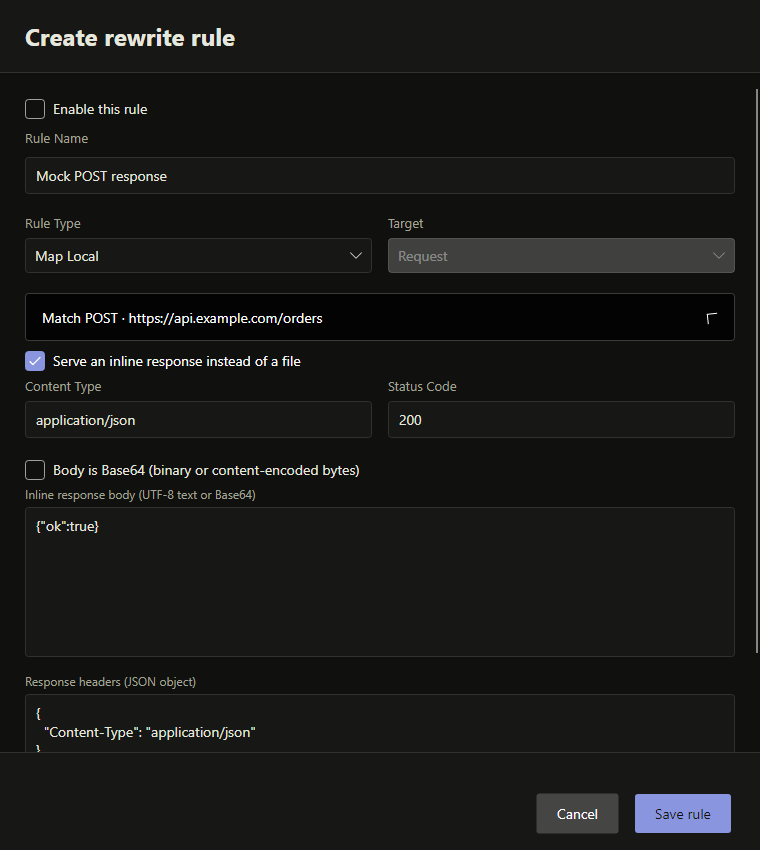 ProxyCat mock editor with an exact POST URL, editable JSON body and the rule disabled until explicitly enabled