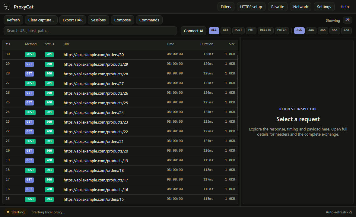 ProxyCat desktop with compact numbered request rows and aligned method, status, URL, time, duration and size columns