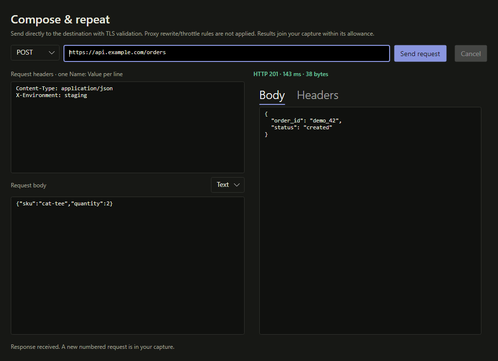 ProxyCat desktop composer showing an editable POST request, JSON headers and body, and a formatted 201 response alongside it