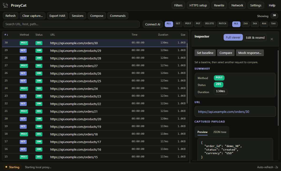 ProxyCat desktop inspecting a numbered POST request with a 201 status, timing and JSON response