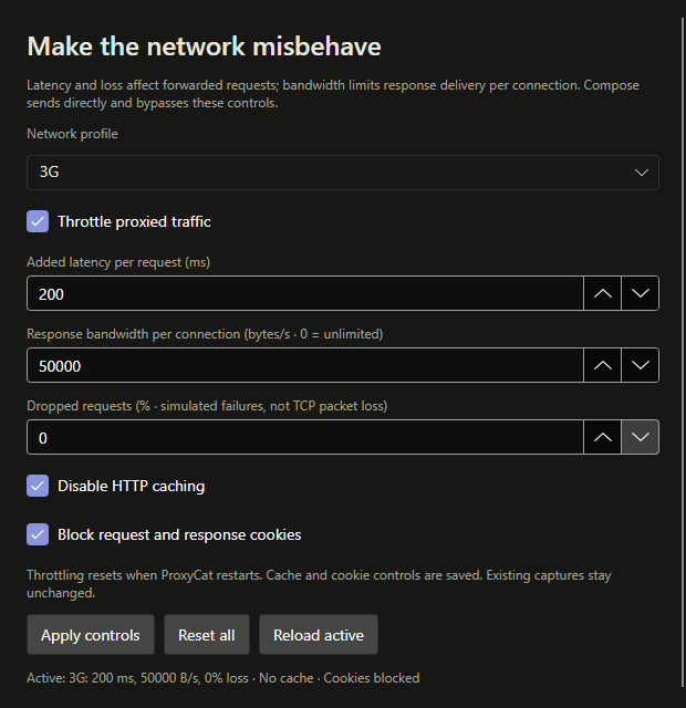 ProxyCat desktop controls with a 3G profile, no caching and cookie blocking applied