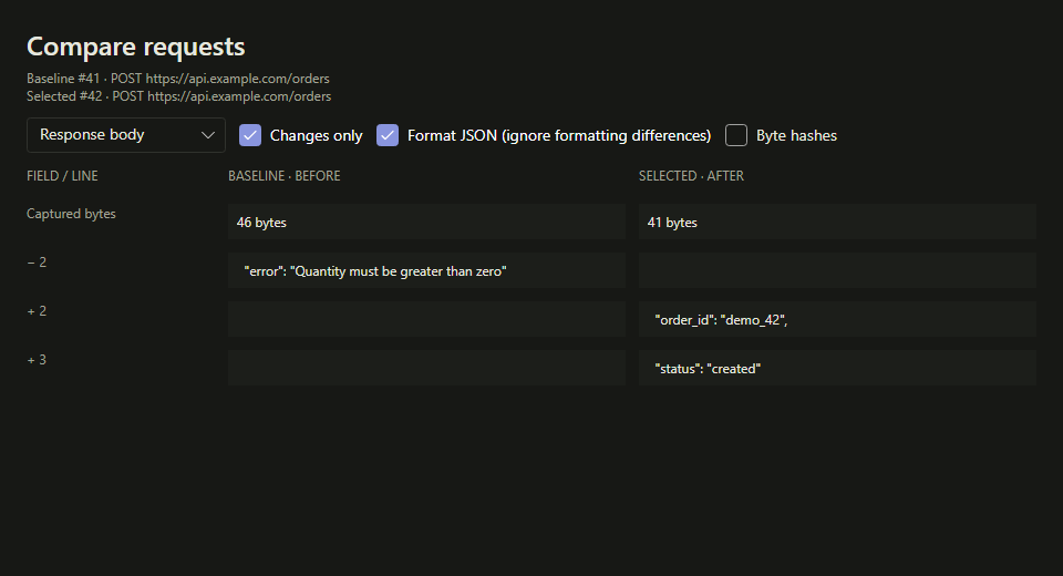 Native ProxyCat comparison of a failed order response and a successful retry, with aligned JSON differences