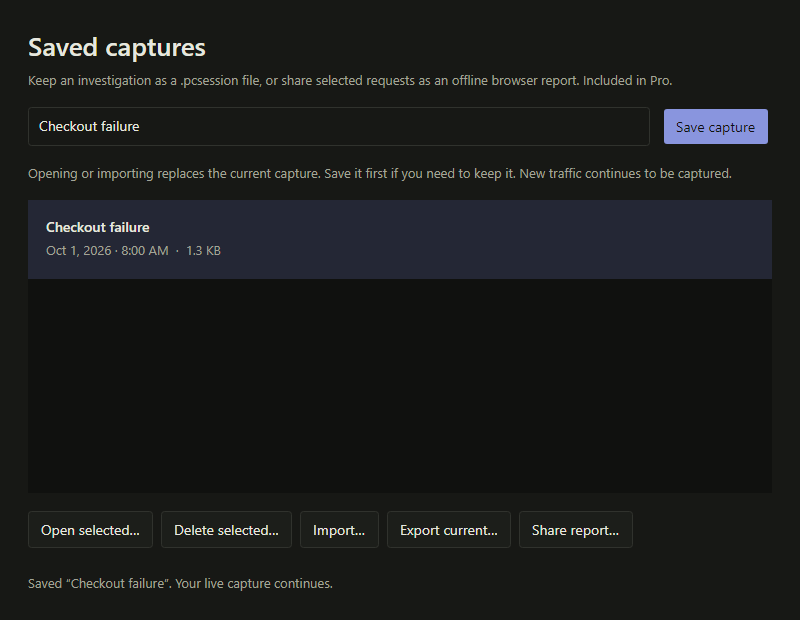 ProxyCat saved-capture dialog with a named investigation and open, delete, import and export controls