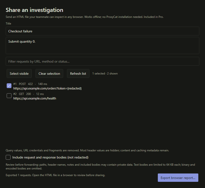 ProxyCat sharing dialog with selected requests, reproduction notes, redacted URLs and optional body inclusion